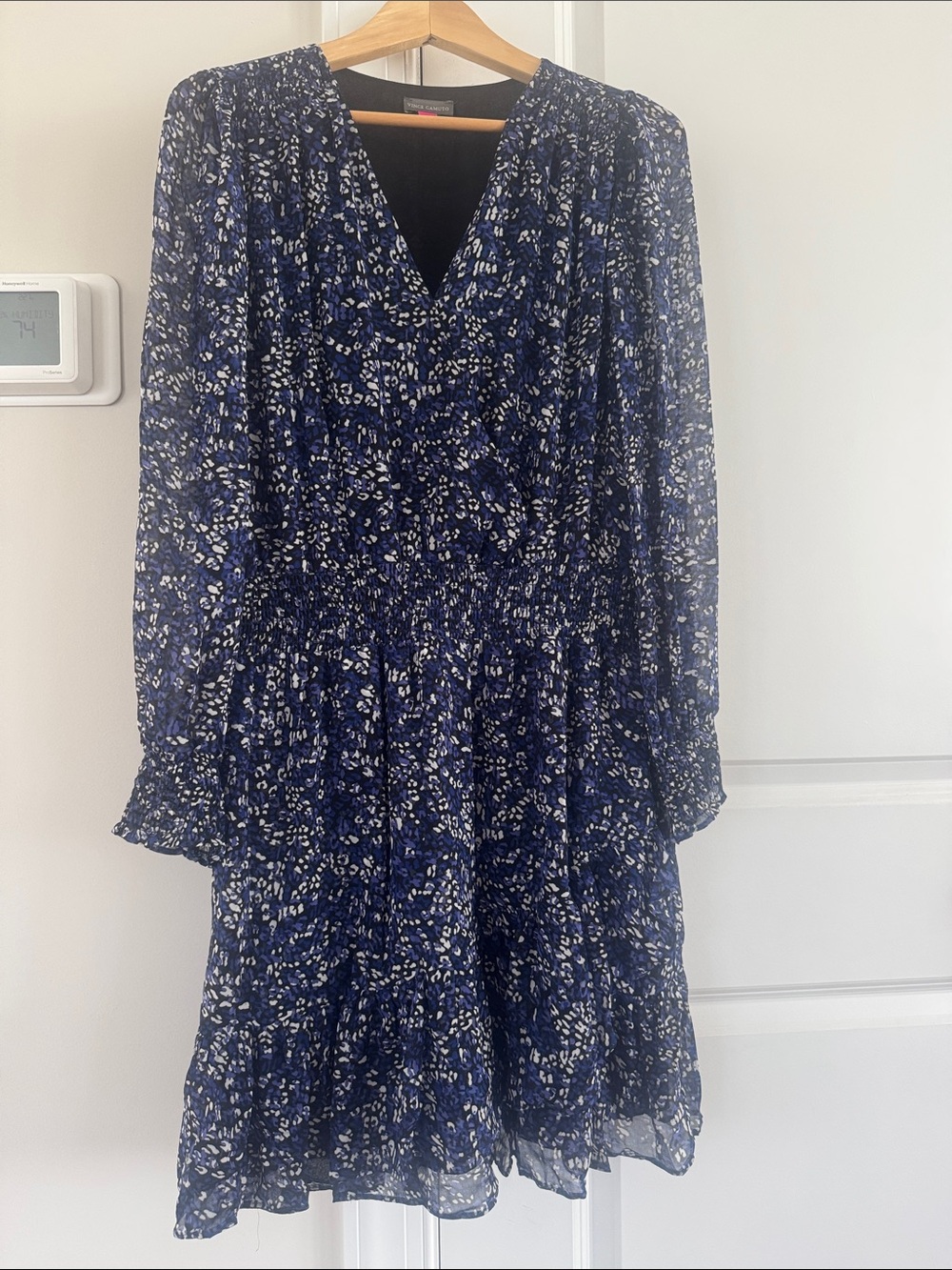 Vince Camuto Navy and White Floral V-Neck Long Sleeve Dress